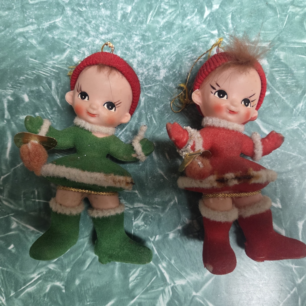 Vintage 60s Red and Green Holiday Elf Ornaments